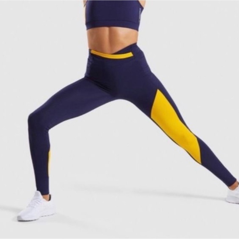 Gymshark Leggings Asymmetrical Navy Blue Yellow High Waisted Sz. S
